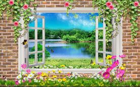 清新窗外风景画中画电视背景墙