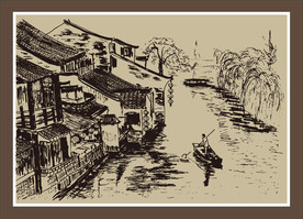 矢量手绘江南小镇