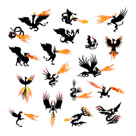 矢量龙凤凤凰喷火