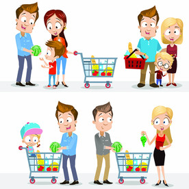 家庭购物车卡通人物插画
