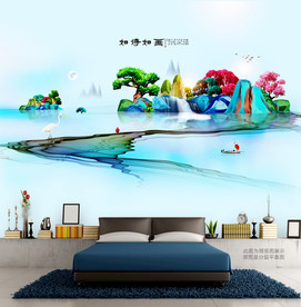 绿色山水写意 墙壁画