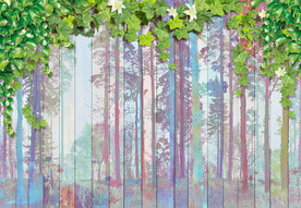 3D彩色木板花藤绿叶背景墙