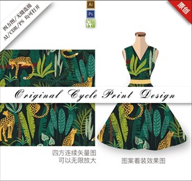 手绘矢量丛林豹满幅清新印花背景