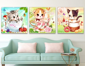 可爱卡通茶杯猫咪无框画