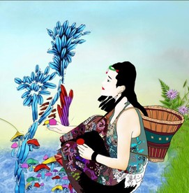 手绘采蘑菇的姑娘