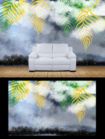 现代简约迷雾热带植物电视背景墙