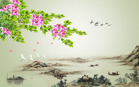 原创花卉水墨山水江南春背景墙