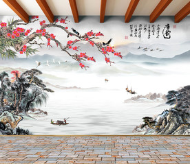 原创梅花喜鹊水墨山水唐韵背景墙