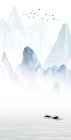 抽象新中式水墨山水飞鸟