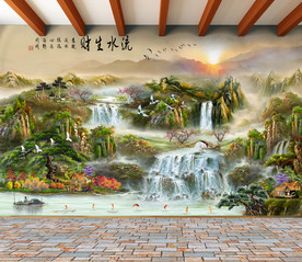 原创油画瀑布山水风景画背景墙
