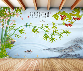 原创竹子花鸟竹报平安背景墙