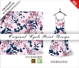 矢量手绘中国风桃花花朵循环图案