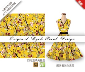 矢量手绘中国风花朵桃树循环图案