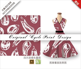 原创抽象手绘茄子蜡笔循环图案