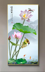 原创荷花翠鸟鲤鱼荷塘清趣壁画