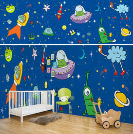 卡通太空星空儿童房背景墙