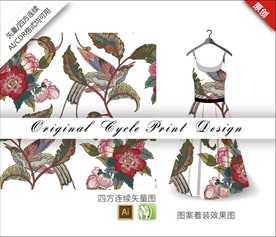 原创手绘中国风蜂鸟牡丹循环图案