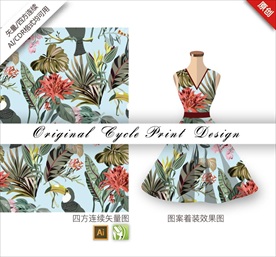 原创手绘中国风花鹦鹉循环图案