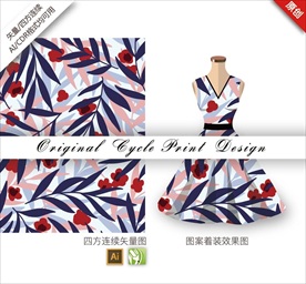 原创手绘梅花树叶循环图案