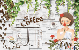 个性白砖墙美女咖啡工装背景墙