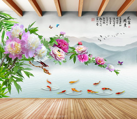 原创牡丹花鸟鲤鱼装饰画背景墙