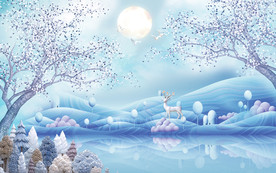 梦幻月夜树林麋鹿电视背景墙