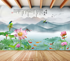 原创荷花九鱼翠鸟荷塘鱼趣装饰画