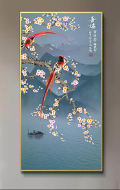 原创梅花喜鹊喜梅玄关背景墙壁画
