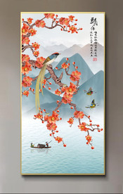 原创玄关梅花喜鹊背景墙壁画