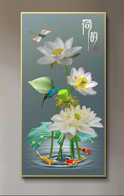 原创玄关荷花翠鸟鲤鱼装饰画