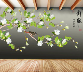 原创玉兰花鸟玉堂富贵背景墙壁画
