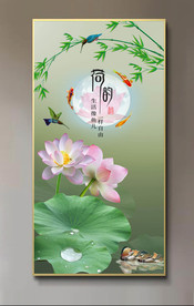 原创玄关荷花竹子翠鸟荷韵壁画