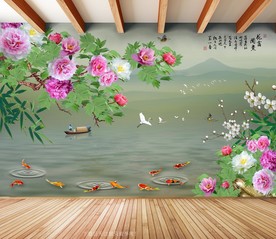 原创牡丹花开富贵背景墙装饰画