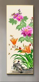 原创玄关牡丹花鸟花开富贵装饰画