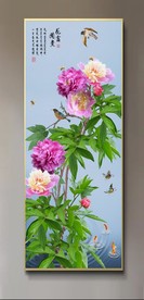 原创玄关牡丹花鸟花开富贵装饰画