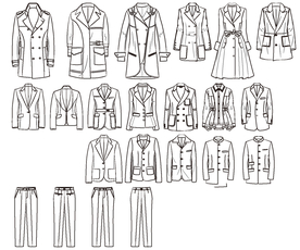 男女西服夹克大衣裤子款式矢量图