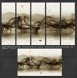 新中式禅意水墨山水烟雾背景墙