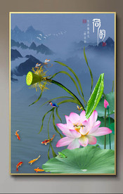 原创高清玄关荷花翠鸟鲤鱼装饰画