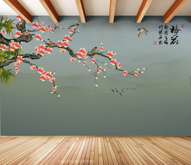原创手绘梅花花鸟背景墙装饰画