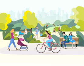 在美丽的城市公园里交谈和散步