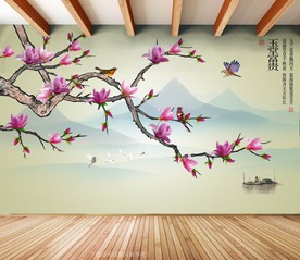 原创玉兰花鸟玉堂富贵背景墙壁画