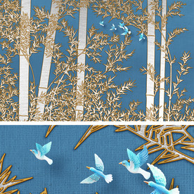轻奢金属浮雕竹林飞鸟壁画背景墙