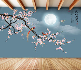 原创高清梅花喜鹊花好月圆背景墙