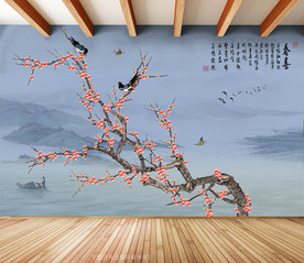 原创玄关手绘梅花喜鹊喜梅装饰画