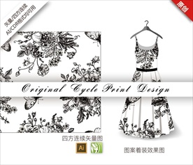 矢量牡丹四方连续黑白