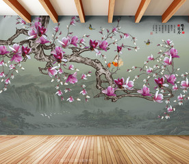 原创手绘玉兰花鸟雅啥兰香背景墙