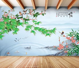 原创梅花竹子梅竹图装饰画背景墙