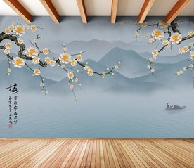 原创手绘梅花山水装饰画背景墙
