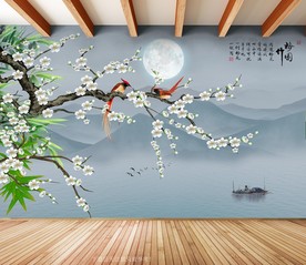 原创梅花喜鹊竹子梅竹图背景墙