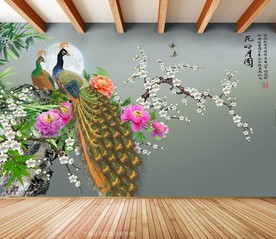 原创孔雀牡丹梅花花好月圆背景墙